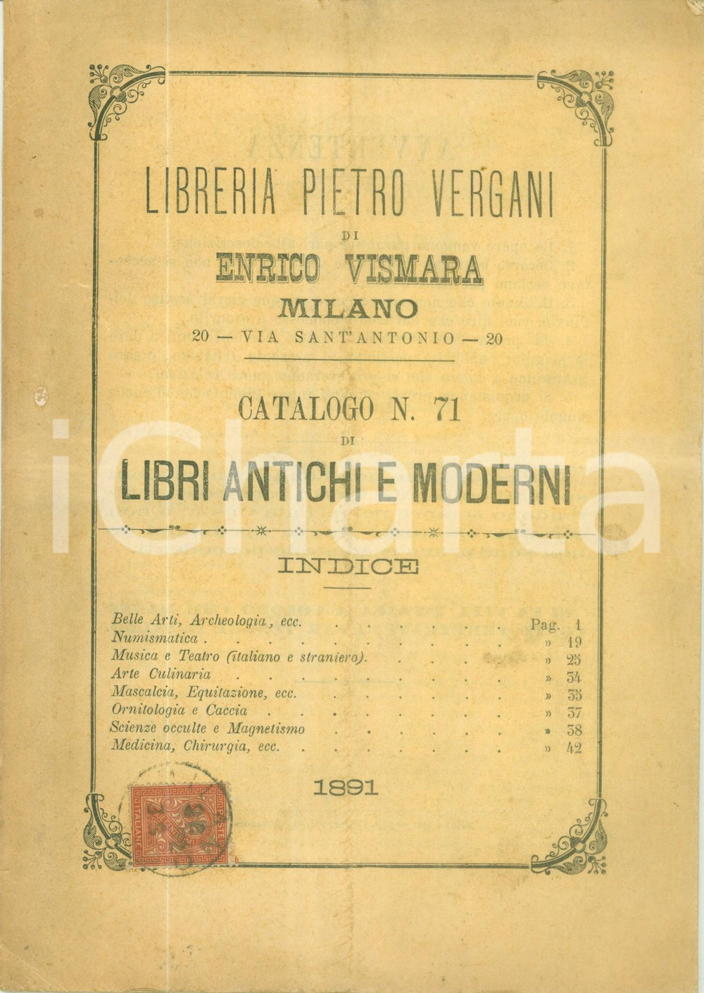 Libro, pubblicazione d epoca 1891 MILANO Libreria Pietro VISMARA di Enrico VISMARA Catalogo n. 71 1