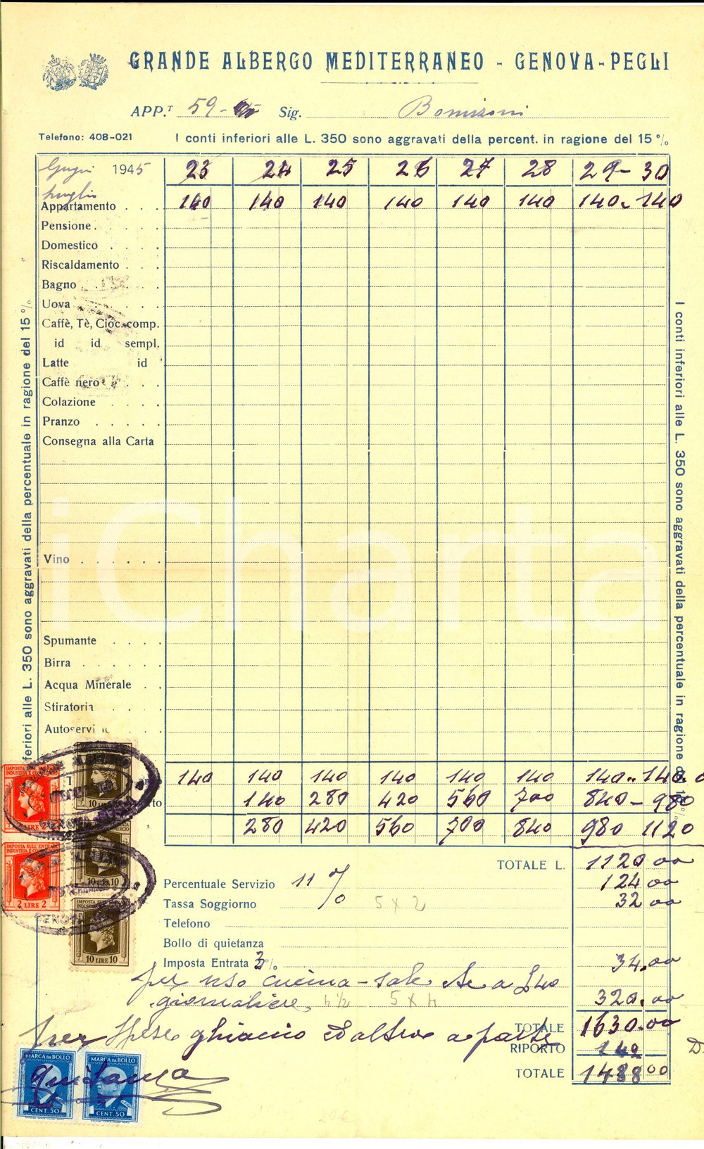 Documento originale, autentico 1945 GENOVA PEGLI Grande Albergo Mediterraneo Fattura intestata soggiorno 1