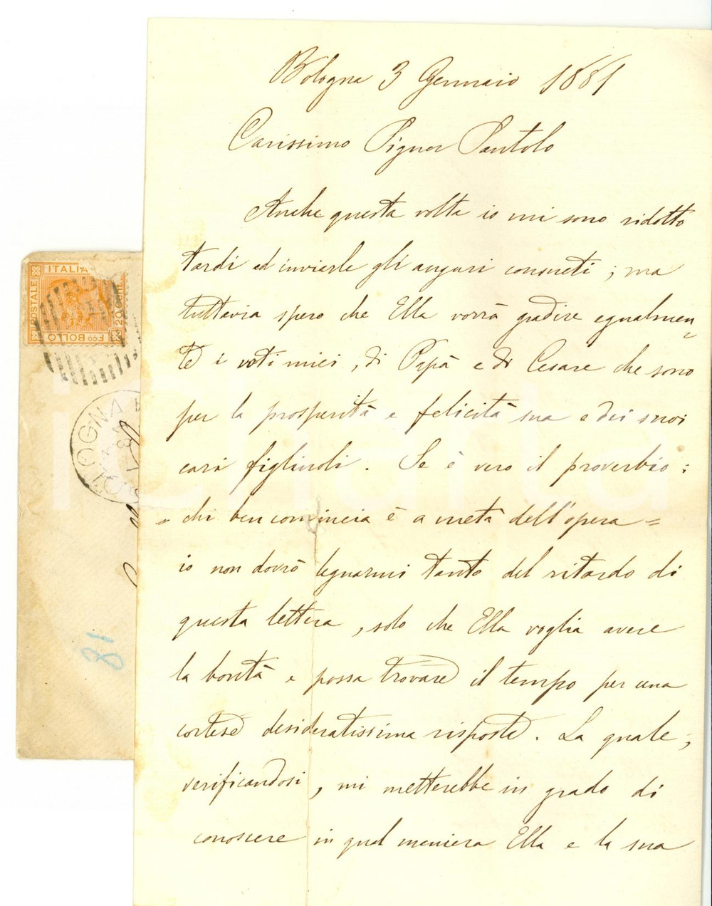 Documento originale, autentico 1881 BOLOGNA Vittorio LIVERANI Auguri tardivi al santolo Lettera 1