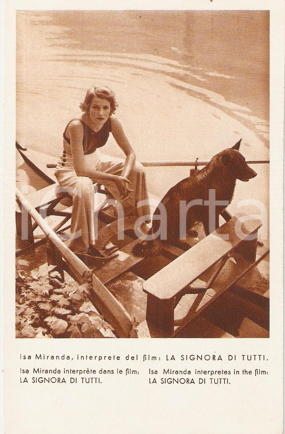 Cartolina originale da collezione 1934 LA SIGNORA DI TUTTI Isa MIRANDA posa su pattino Film Max OPHULS *Cartolina 1