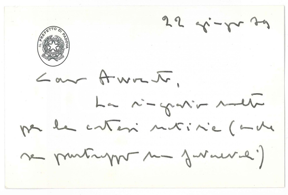 Autografo originale 1979 PADOVA Prefetto Gustavo GIGLI  Biglietto ringraziamento  AUTOGRAFO 1