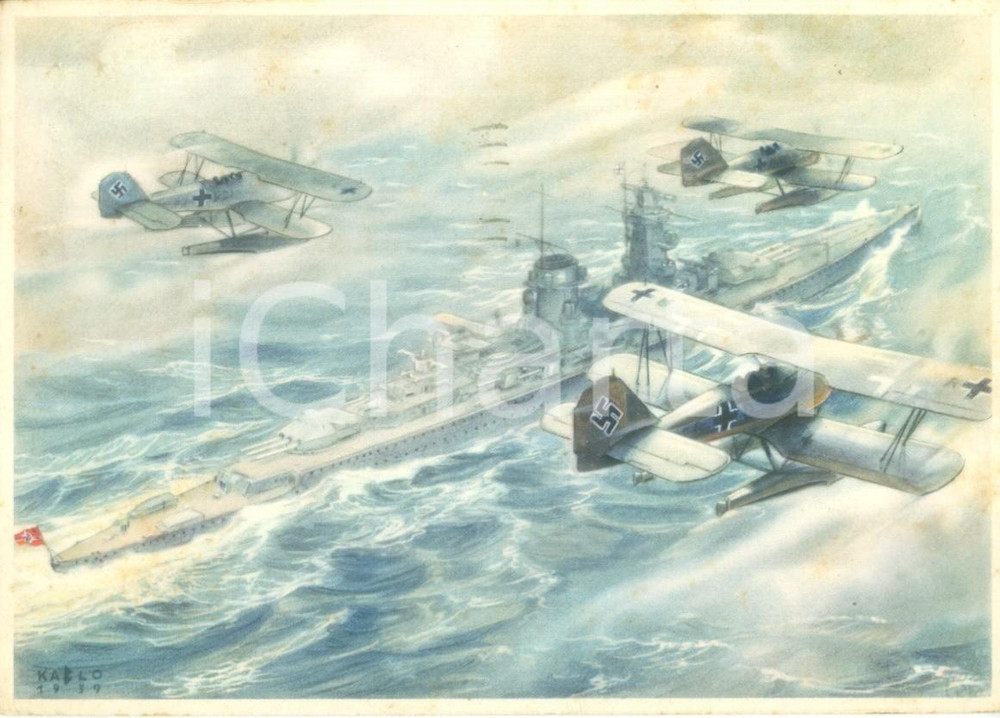 Cartolina originale da collezione 1941 PROPAGANDA DI GUERRA WW2 Aerei LUFTWAFFE di scorta a un cacciatorpediniere 1