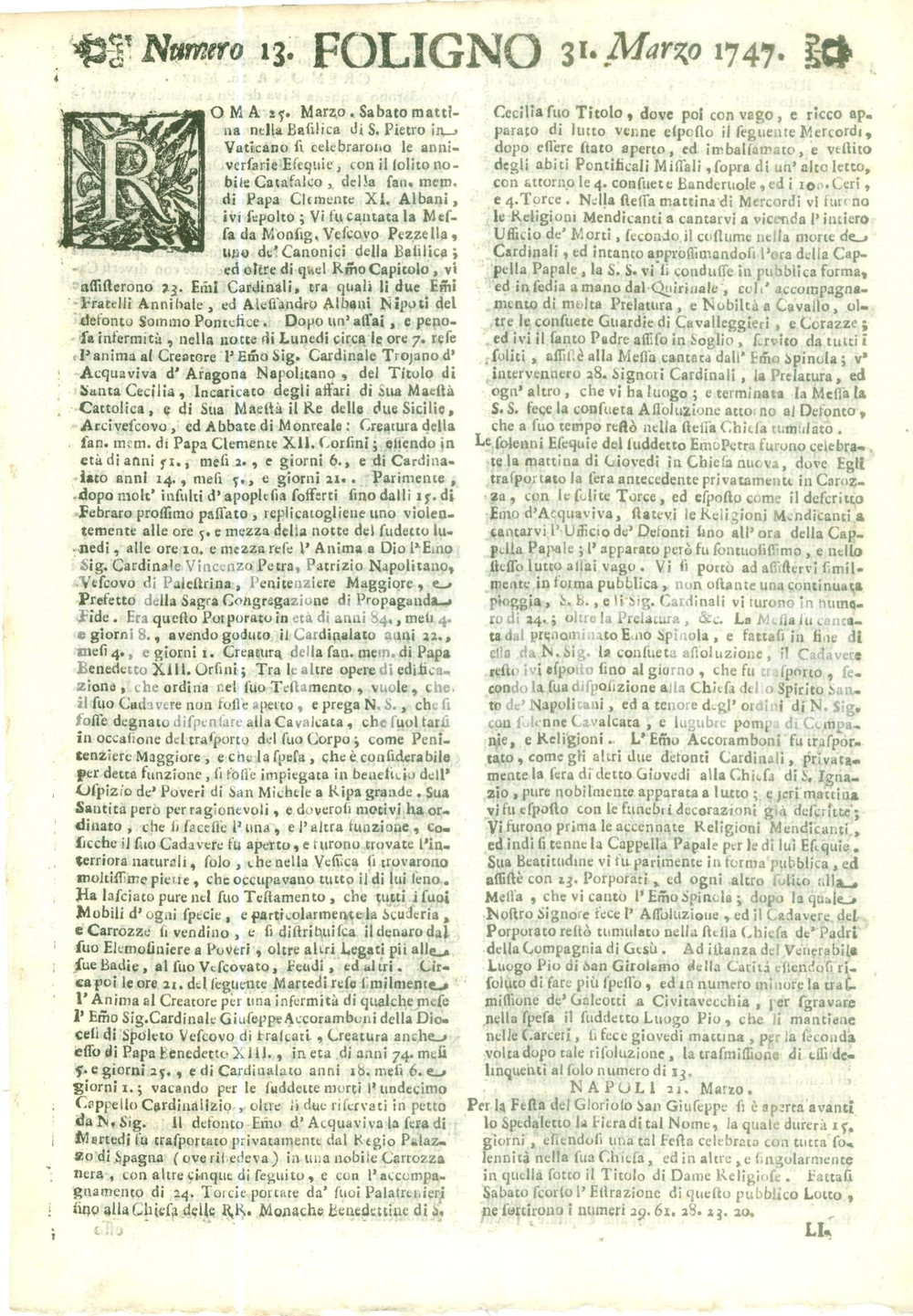 Giornale, rivista storica 1747 GIORNALE DI FOLIGNO n. 13 Esequie del Cardinale Vincenzo PETRA 1