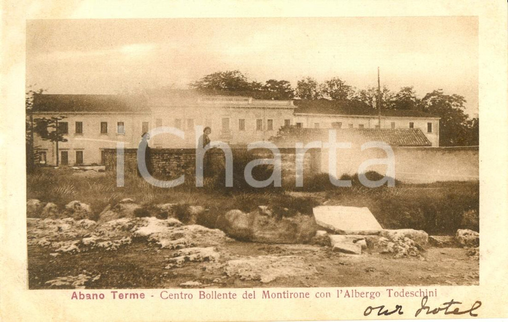 Cartolina originale da collezione 1930 ca ABANO TERME PD Centro bollente del MORTIRONE e albergo TODESCHINI FP 1