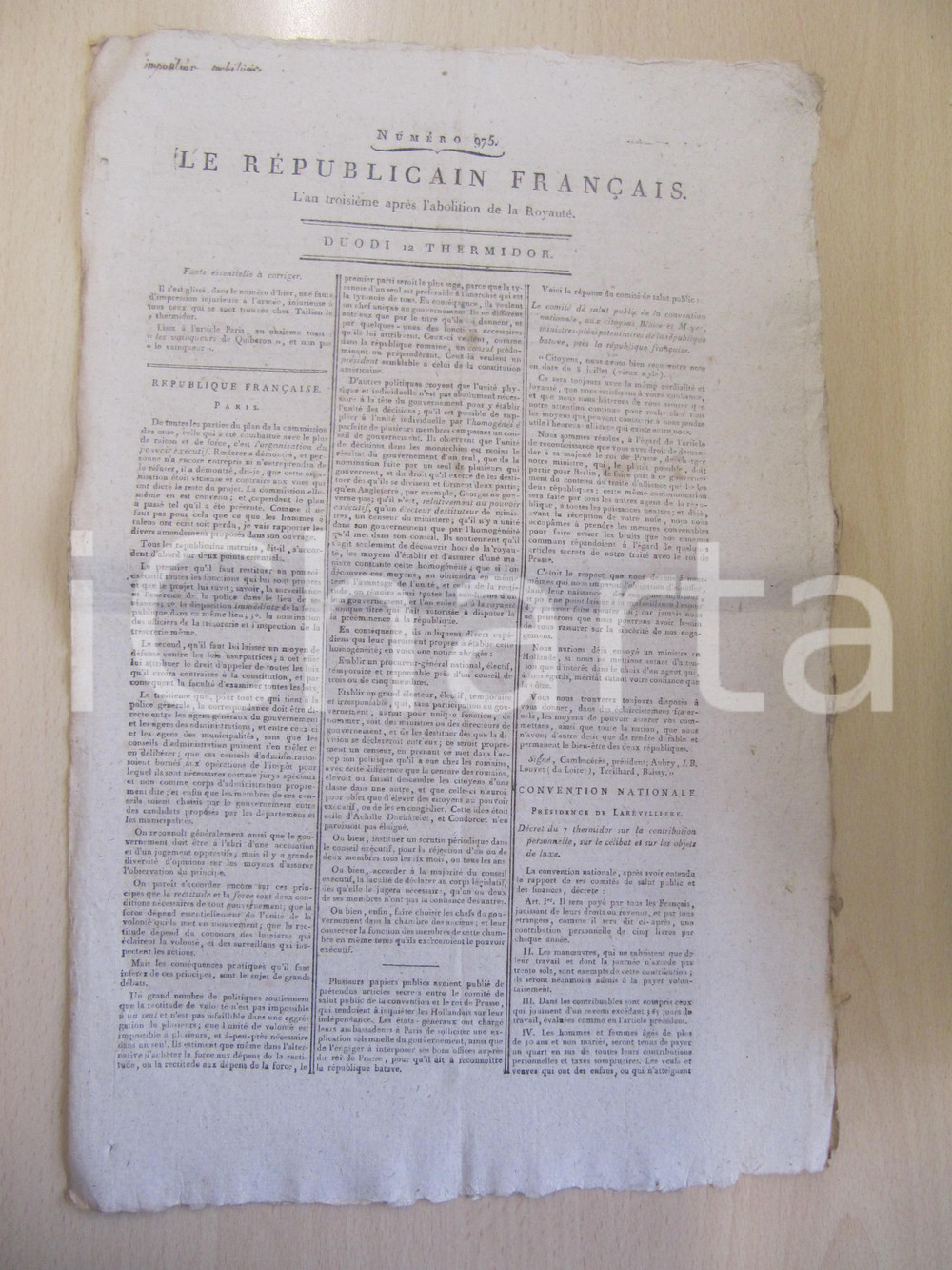Giornale, rivista storica 1795 LE REPUBLICAIN FRANCAIS Gazette N° 975 Imposta sul celibato *Danneggiata 1