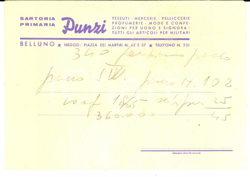 Materiale pubblicitario d’epoca 1950 ca BELLUNO Sartoria PUNZI Tessuti  mercerie Cartoncino pubblicitario 1