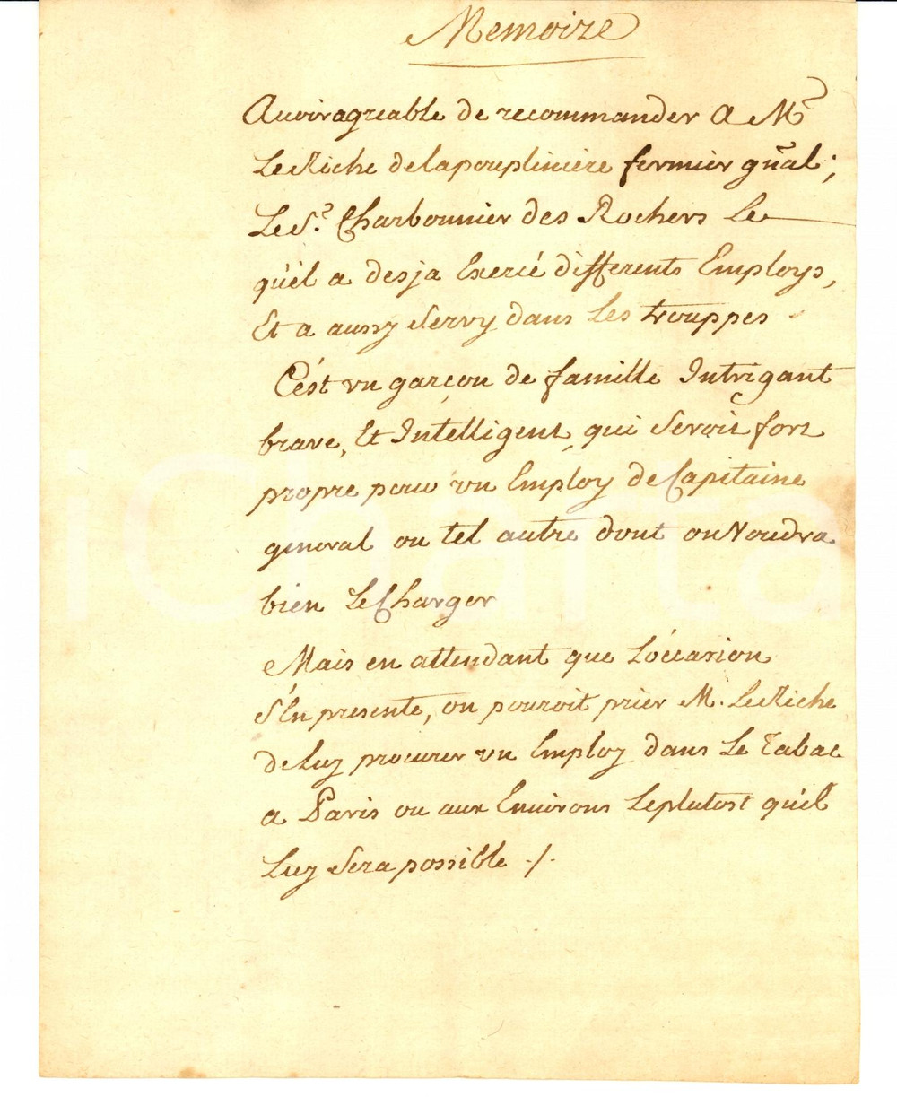 Documento originale, autentico 1700 PARIGI Raccomandazione per CHARBONNIER DES ROCHERS Manoscritto 1