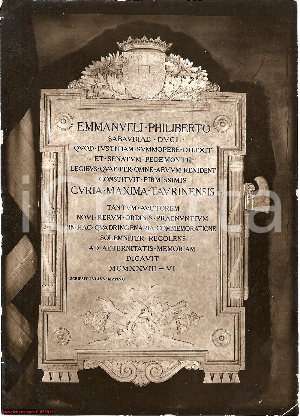 Fotografia d epoca originale 1928 Torino CORTE D APPELLO Lapide EMANUELE FILIBERTO 1