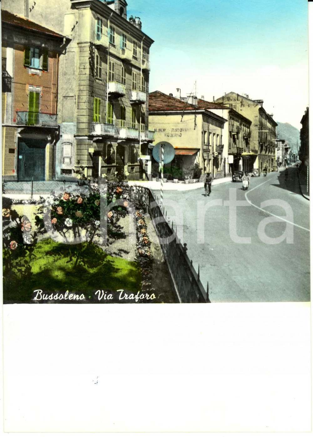 Cartolina originale da collezione 1950 ca BUSSOLENO (TO) Veduta via Traforo con Albergo Ristorante MODERNO *FG NV 1
