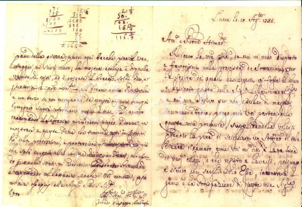 Manoscritto, lettera originale 1733 LUCCA Corrado Giuseppe AMBROGI cerca sottana ricamata per la moglie 1