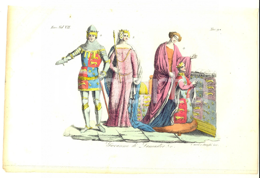Stampa, bozzetto originale 1830 FERRARIO COSTUME EUROPEO Giovanna di Lancaster, ec. Inc. GIARRE  e STANGHI 1