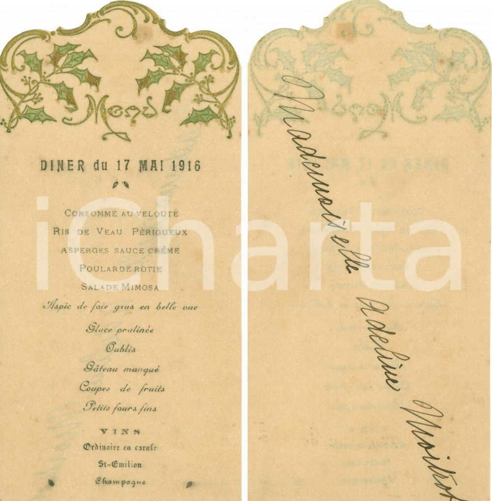 Oggetto da collezione cartaceo 1916 Adeline MOITROT Menu Diner Prima comunione 1