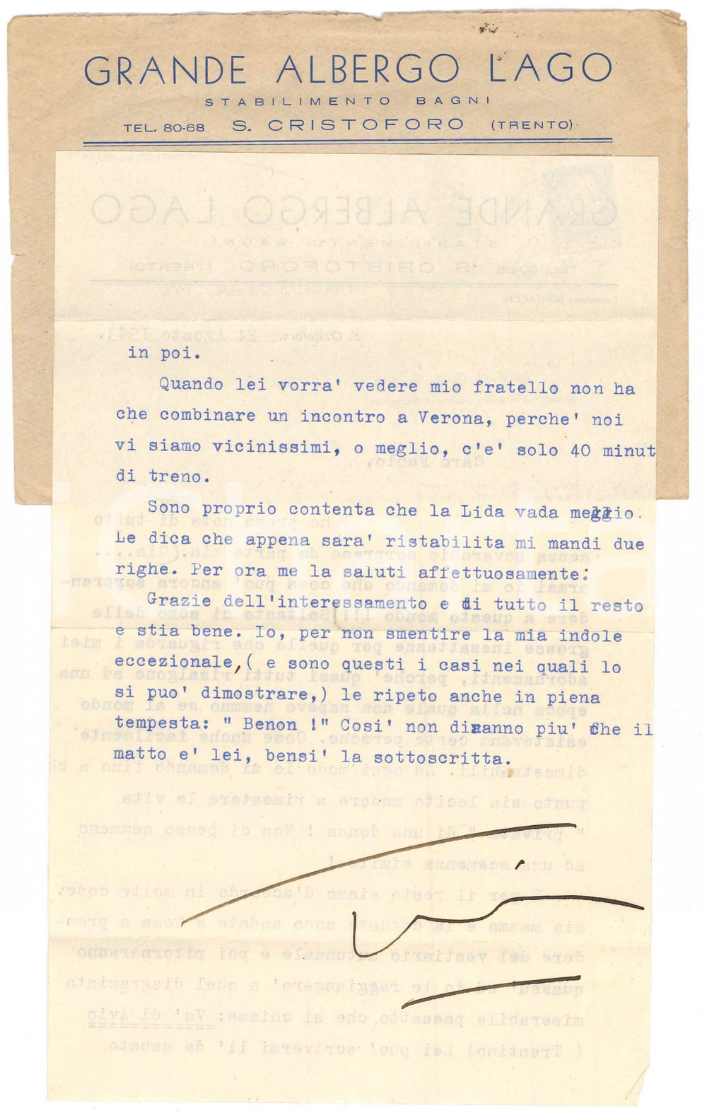 Autografo originale 1943 SAN CRISTOFORO AL LAGO Gianna PEDERZINI e le intrusioni nella vita privata 1