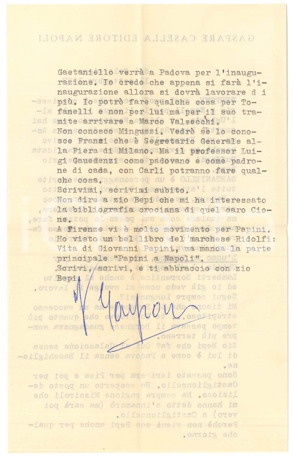 Autografo originale 1957 NAPOLI Gaspare CASELLA promuove artista Vincenzo GAETANIELLO  Autografi 1