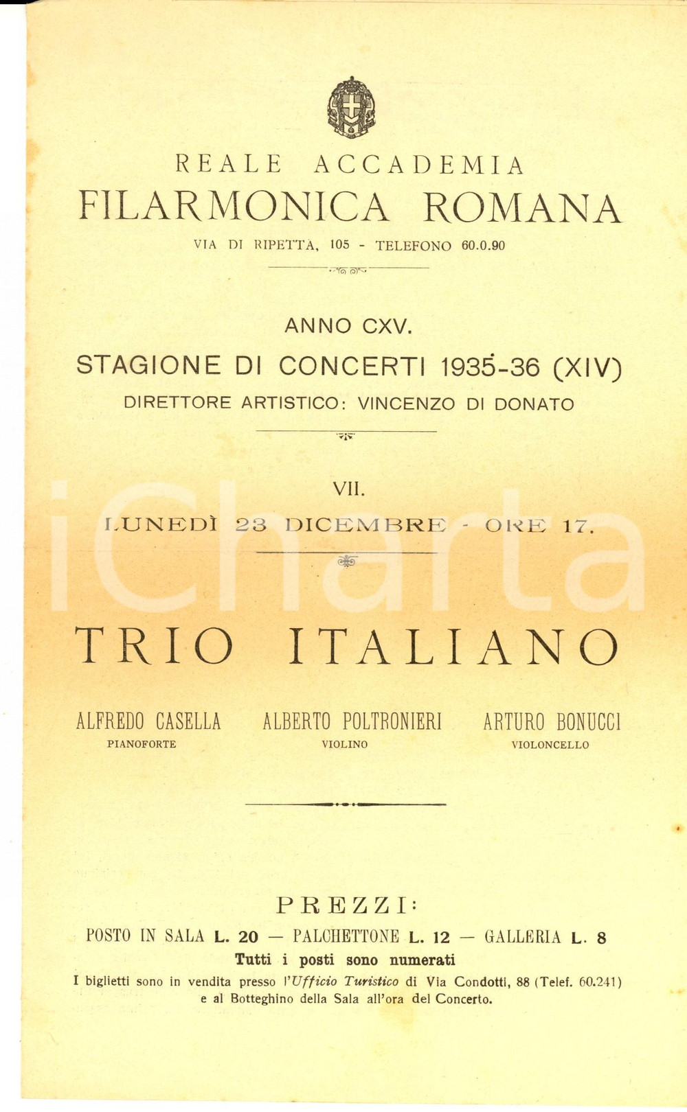 Oggetto da collezione cartaceo 1935 ROMA Reale Accademia Filarmonica  Concerto del TRIO ITALIANO Programma 1