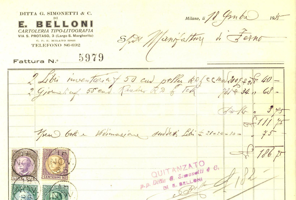 Documento originale, autentico 1935 MILANO Via San Protaso 3 G.SIMONETTI di E. BELLONI Cartoleria Fattura 1