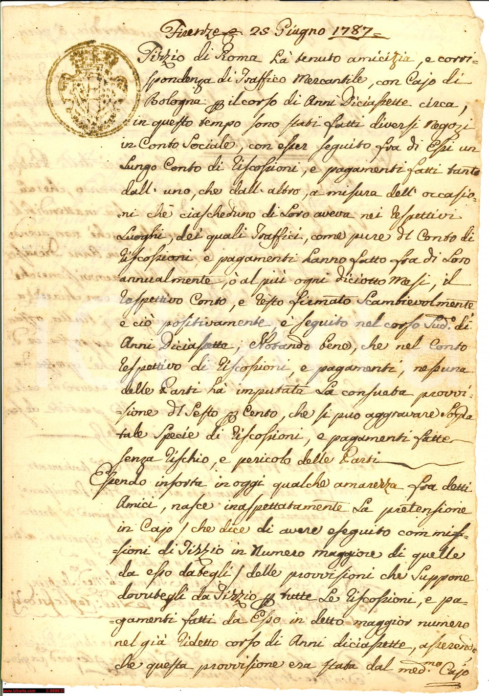 Manoscritto, lettera originale 1787 FIRENZE Parere dei banchieri su una lite mercantile  Manoscritto 1