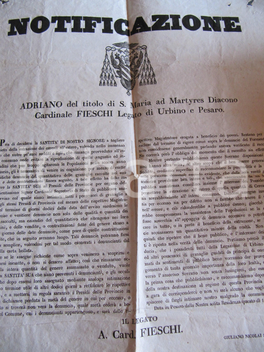 Documento originale, autentico 1847 STATO PONTIFICIO Quante granaglie sono nei magazzini Card. Adriano FIESCHI 1