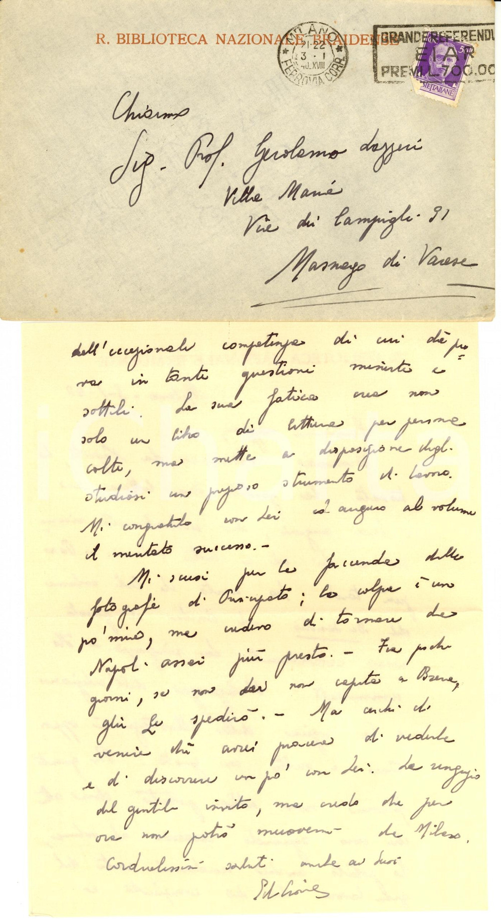 Autografo originale 1940 MILANO Biblioteca BRAIDENSE Lettera Domenico Edmondo CIONE Autografo 1