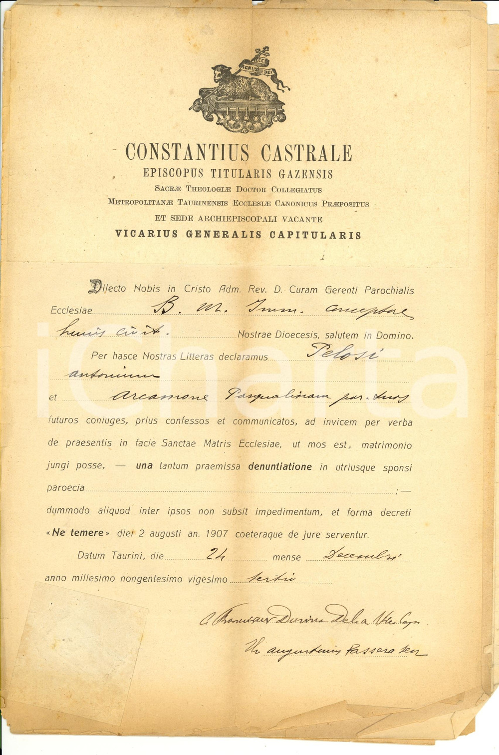 Documento originale, autentico 1923 TORINO Nozze Antonio PELOSI - Pasqualina ARCANONE 1
