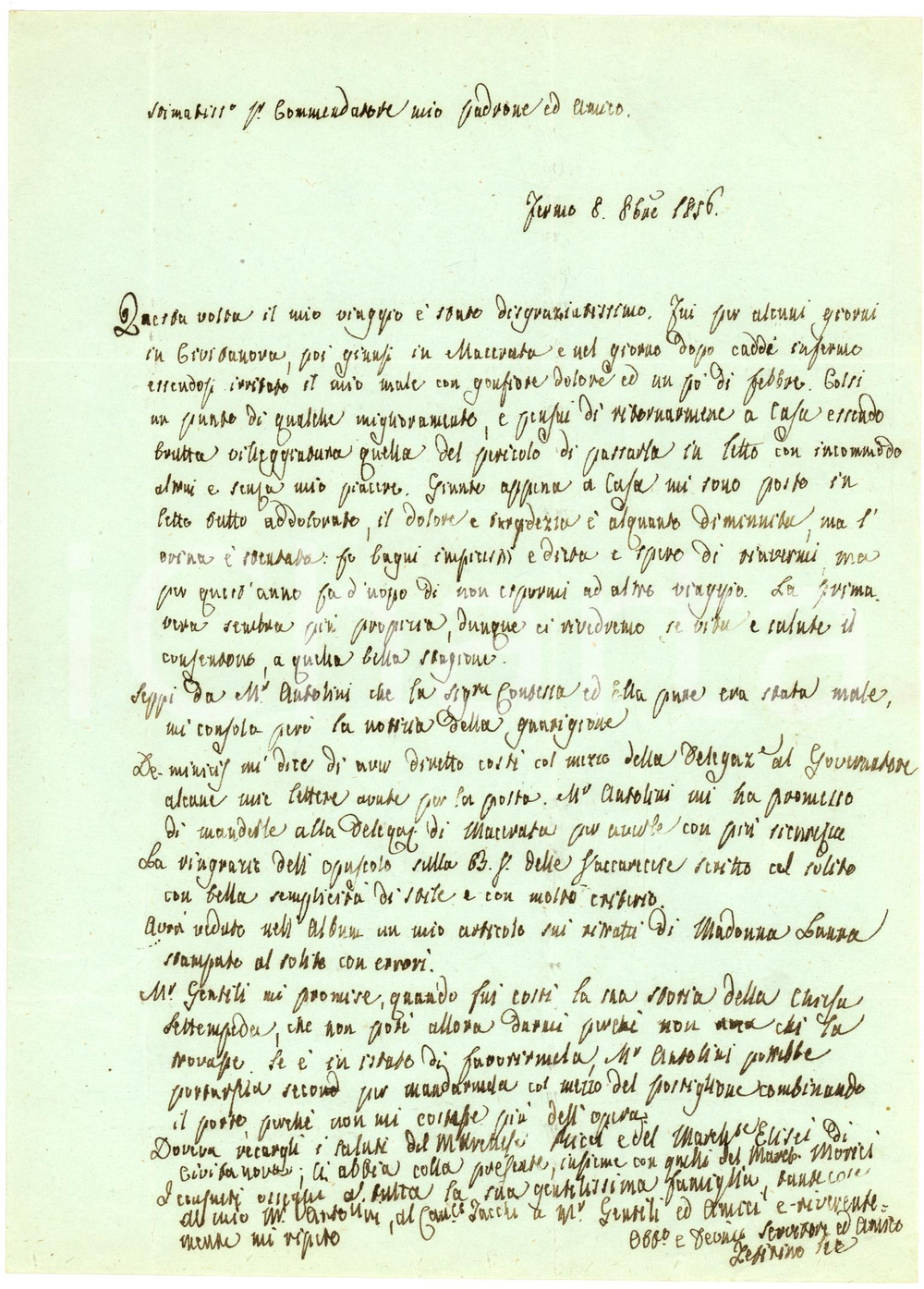 Manoscritto, lettera originale 1856 FERMO Zeffirino RE in un disgraziatissimo viaggio per Macerata *Autografo 1