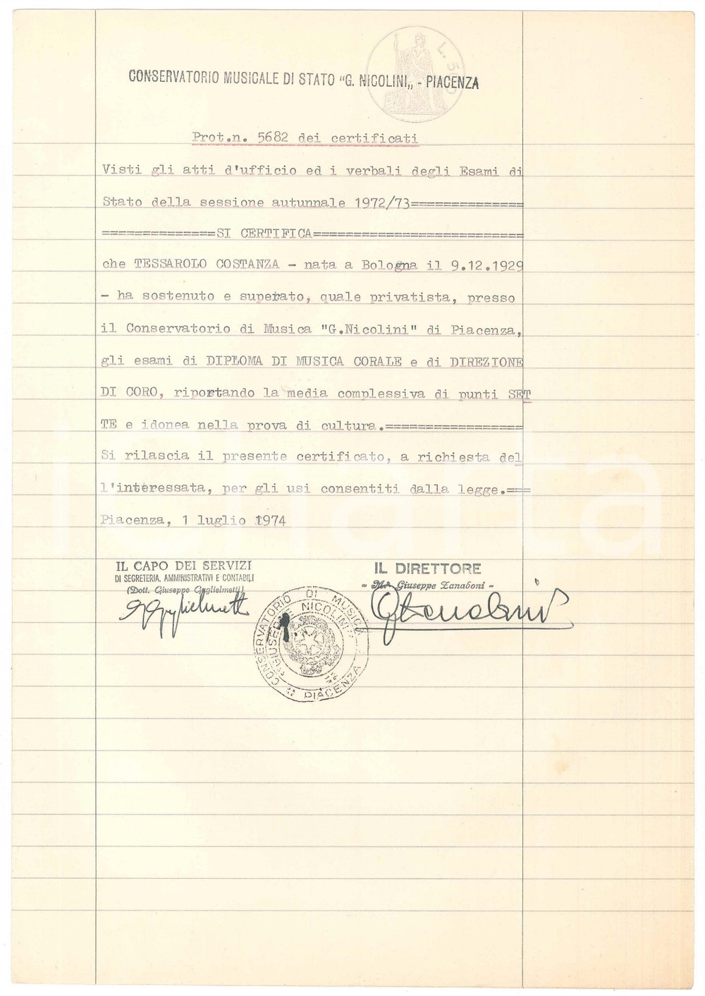 Documento originale, autentico 1974 PIACENZA Conservatorio G. NICOLINI Certificato AUTOGRAFO Giuseppe ZANABONI 1
