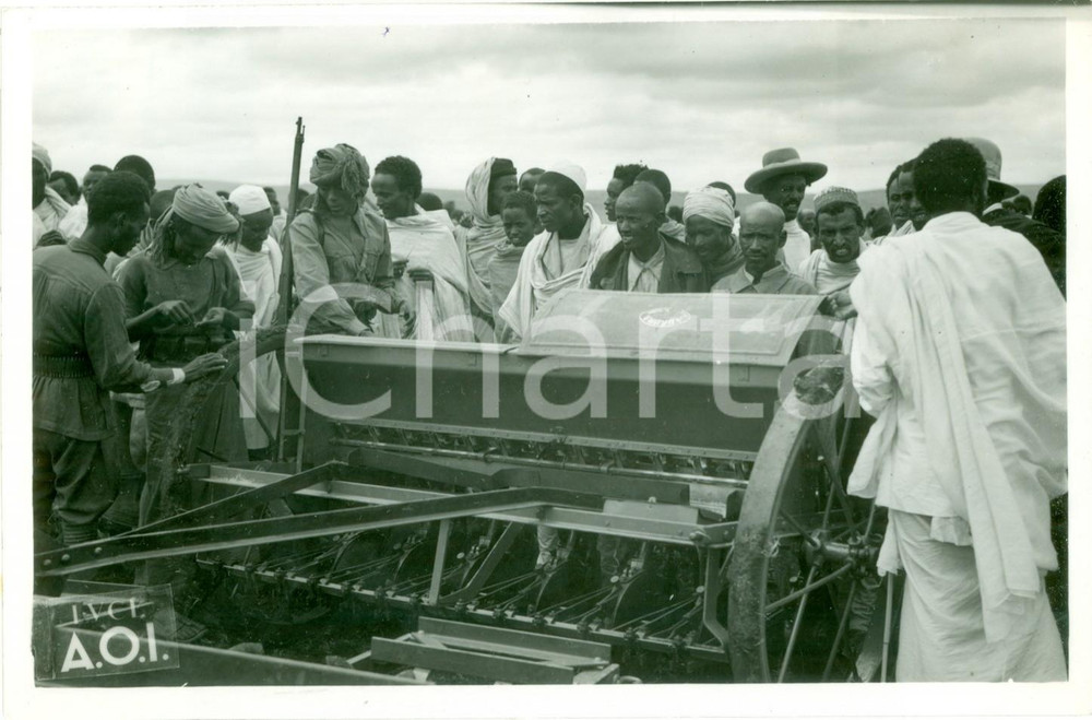Fotografia d epoca originale 1938 FADIS HARAR ETIOPIA AOI Indigeni ammirano seminatrici meccaniche AURORA 1