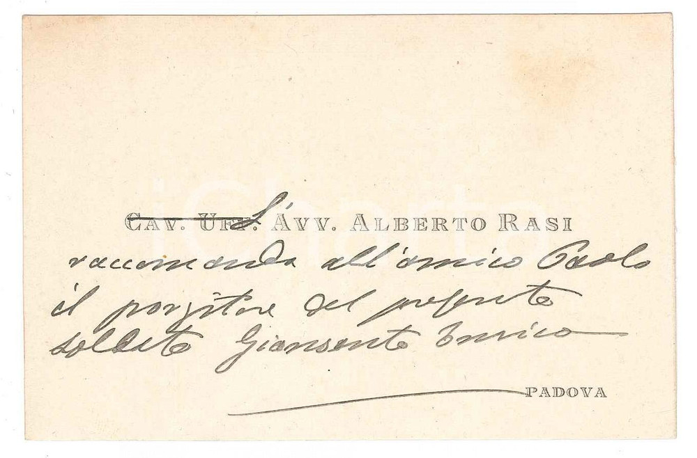 Oggetto da collezione cartaceo 1915 ca  PADOVA Avv. Alberto RASI  Biglietto da visita AUTOGRAFO 1
