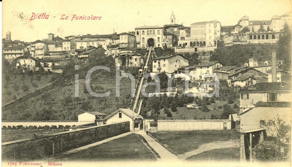 Cartolina originale da collezione 1902 BIELLA La funicolare che sale al PIAZZO Cartolina FP VG DANNEGGIATA 1