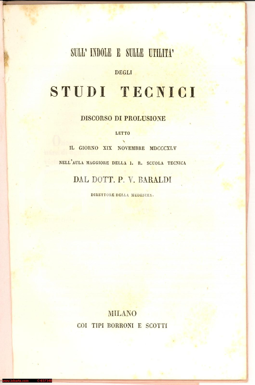 Libro, pubblicazione d epoca 1845 MILANO P. V. BARALDI UtilitÃ  degli studi tecnici 1
