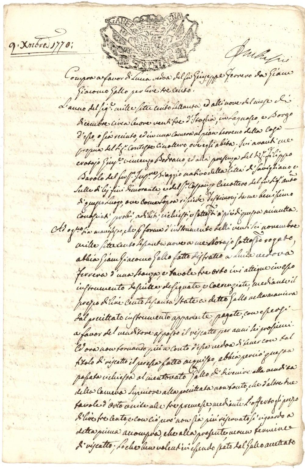 Documento originale, autentico 1770 LAGNASCO (CN) Giacomo GALLO vende parte di casa alla vedova Lucia FERRERO 1