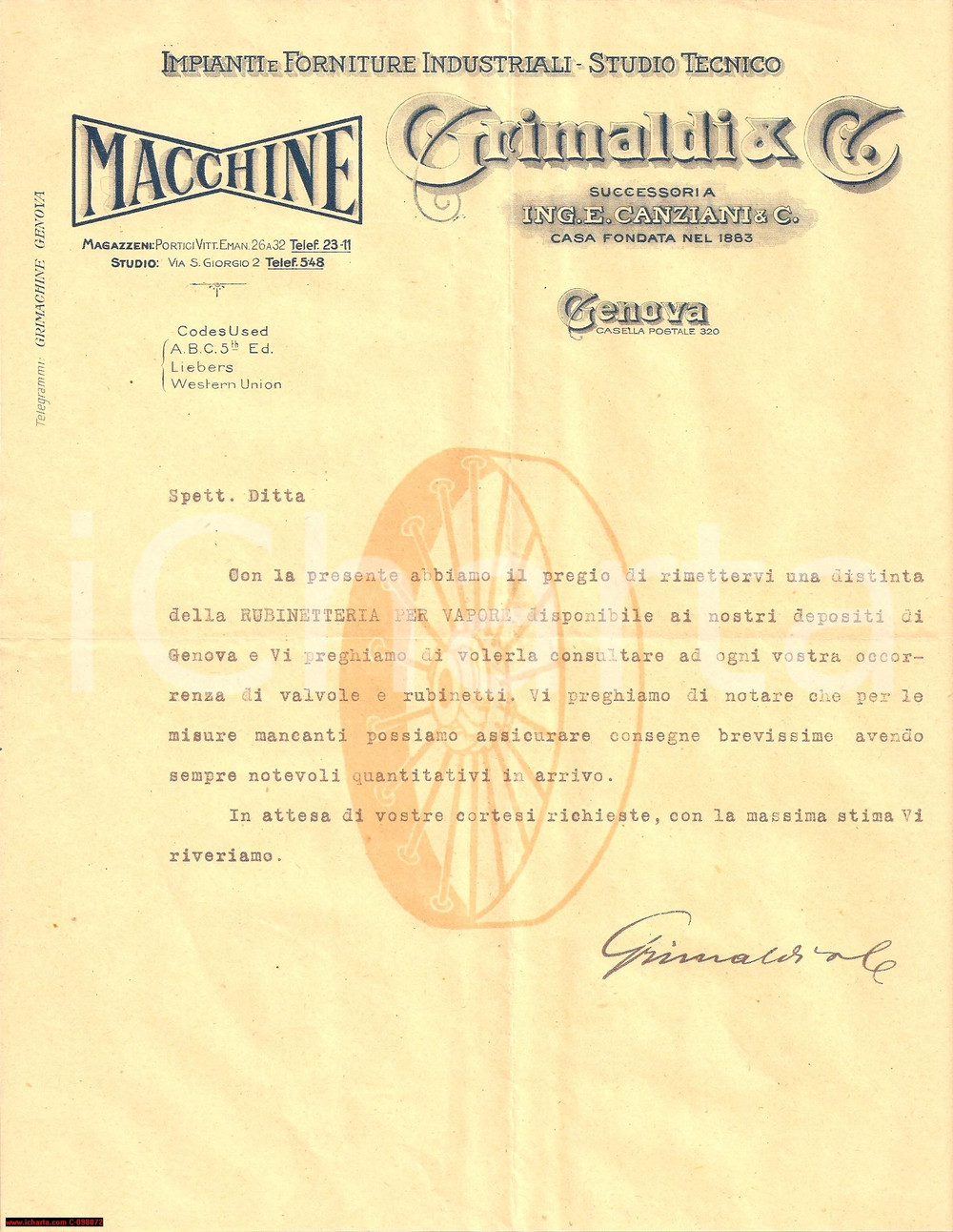Manoscritto, lettera originale 1910 circa GENOVA Impianti GRIMALDI Rubinetteria vapore Lettera commerciale 1