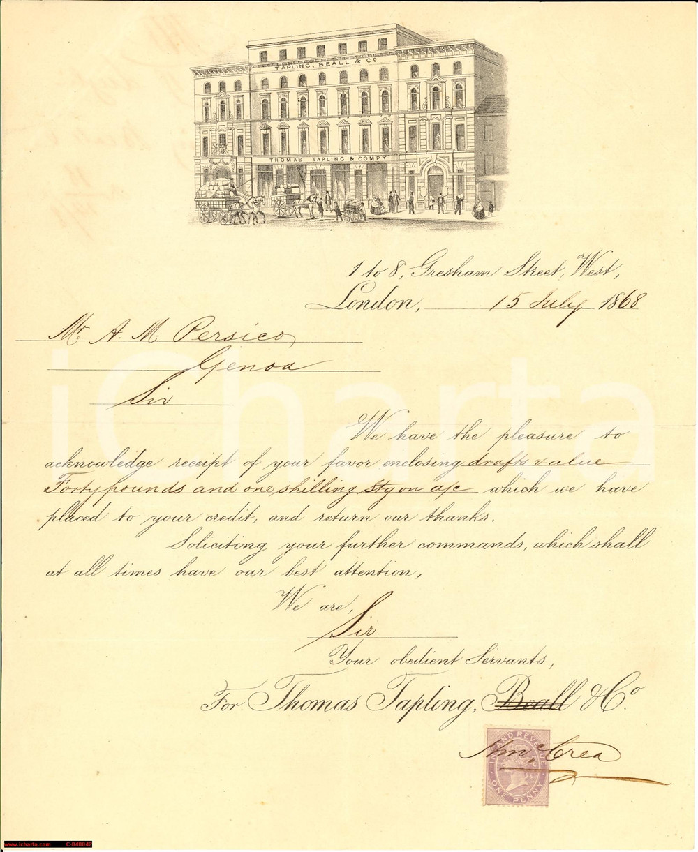 Documento originale, autentico 1868 LONDON Thomas TAPLING & C. Furniture  Lettera 1