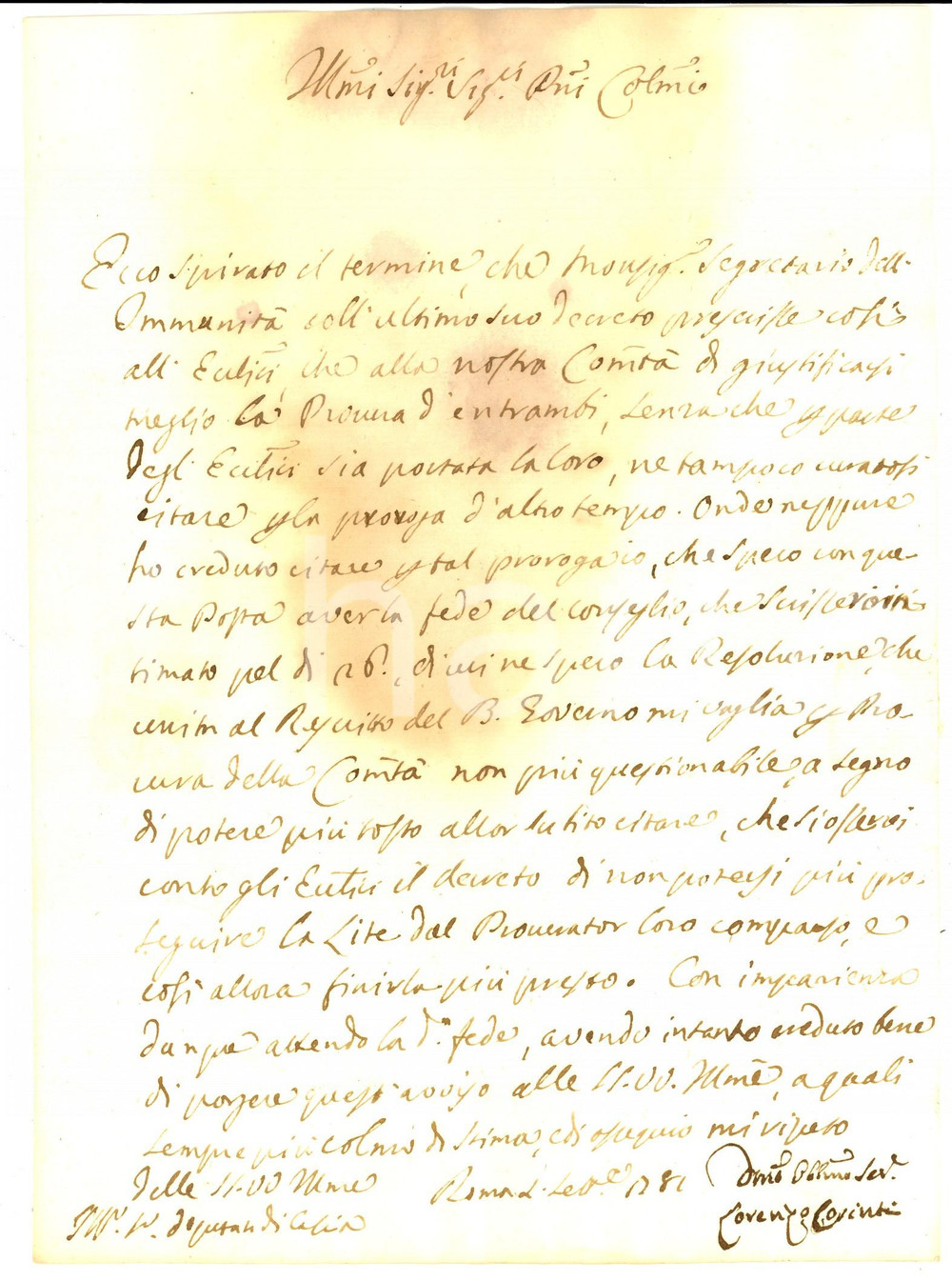 Manoscritto, lettera originale 1781 ROMA Avvocato Lorenzo CORINTI assiste una comunitÃ  locale dell Umbria 1