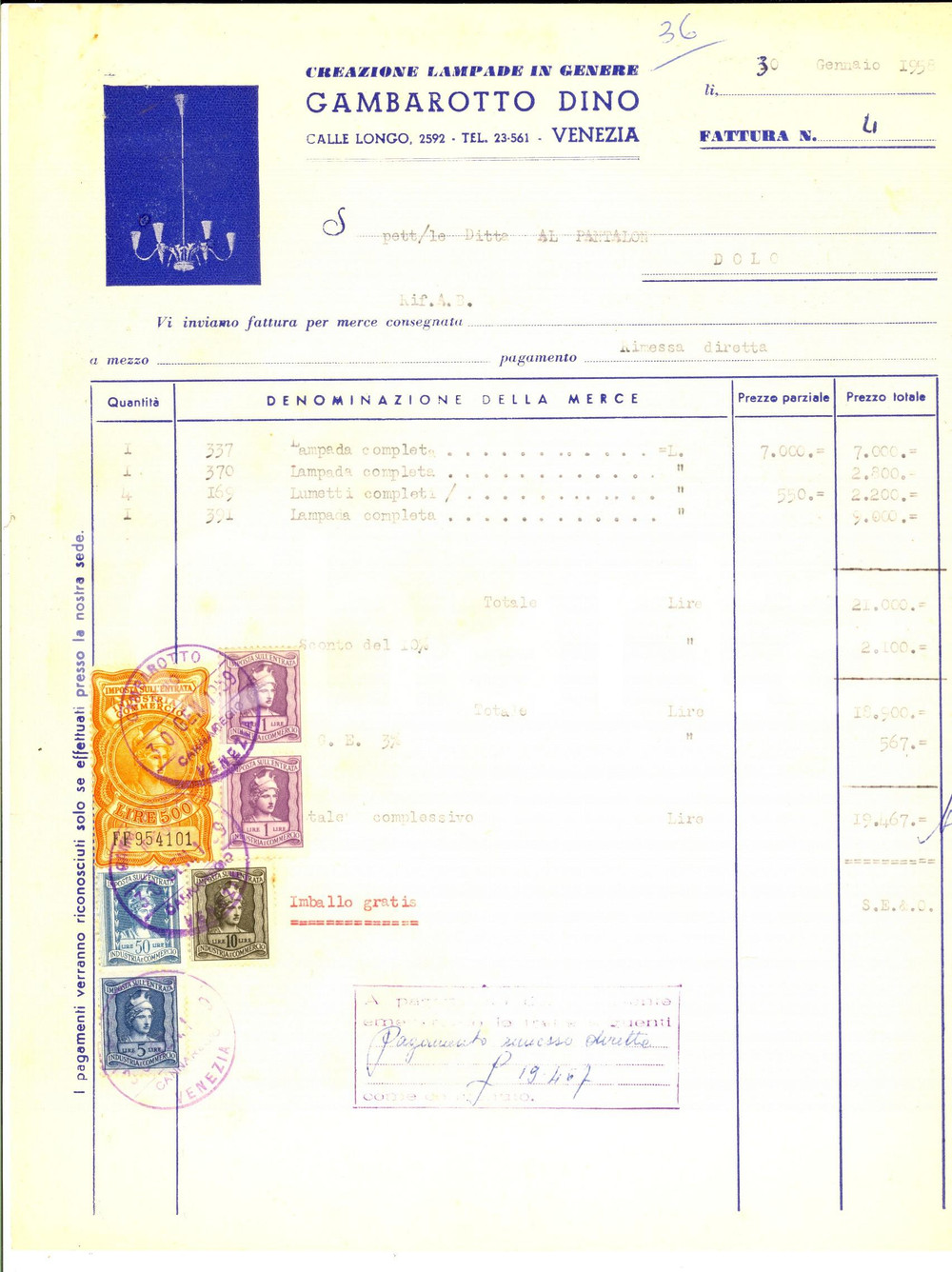 Documento originale, autentico 1958 VENEZIA Calle Longo  Dino GAMBAROTTO creazione lampade Fattura intestata 1
