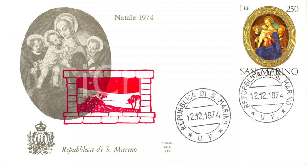 Materiale pubblicitario d’epoca NATALE 1974 REPUBBLICA SAN MARINO BUSTA PRIMO GIORNO annullo filatelico 1