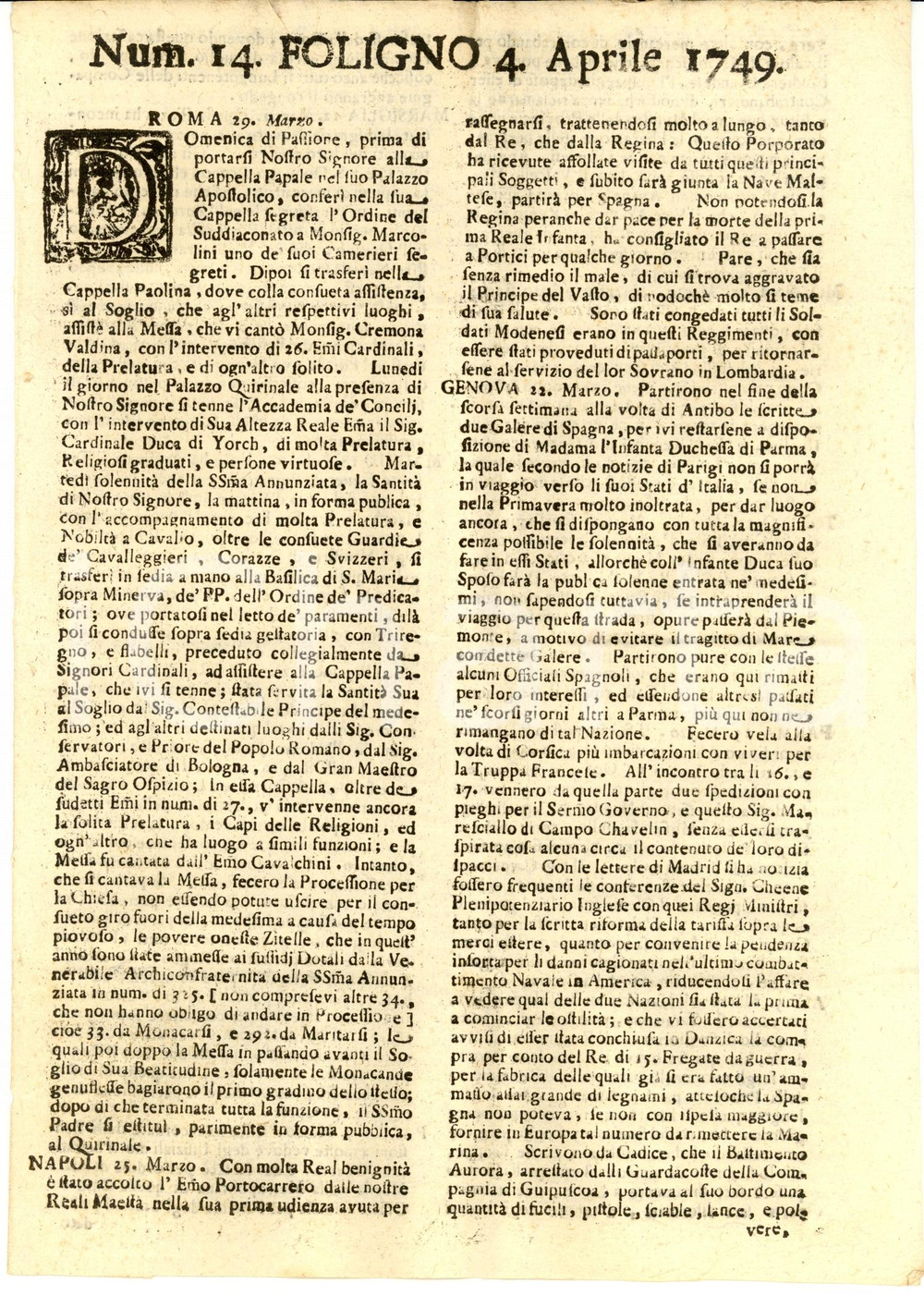 Giornale, rivista storica 1749 Giornale di FOLIGNO n. 4 Matrimonio combinato tra principi bambini 1
