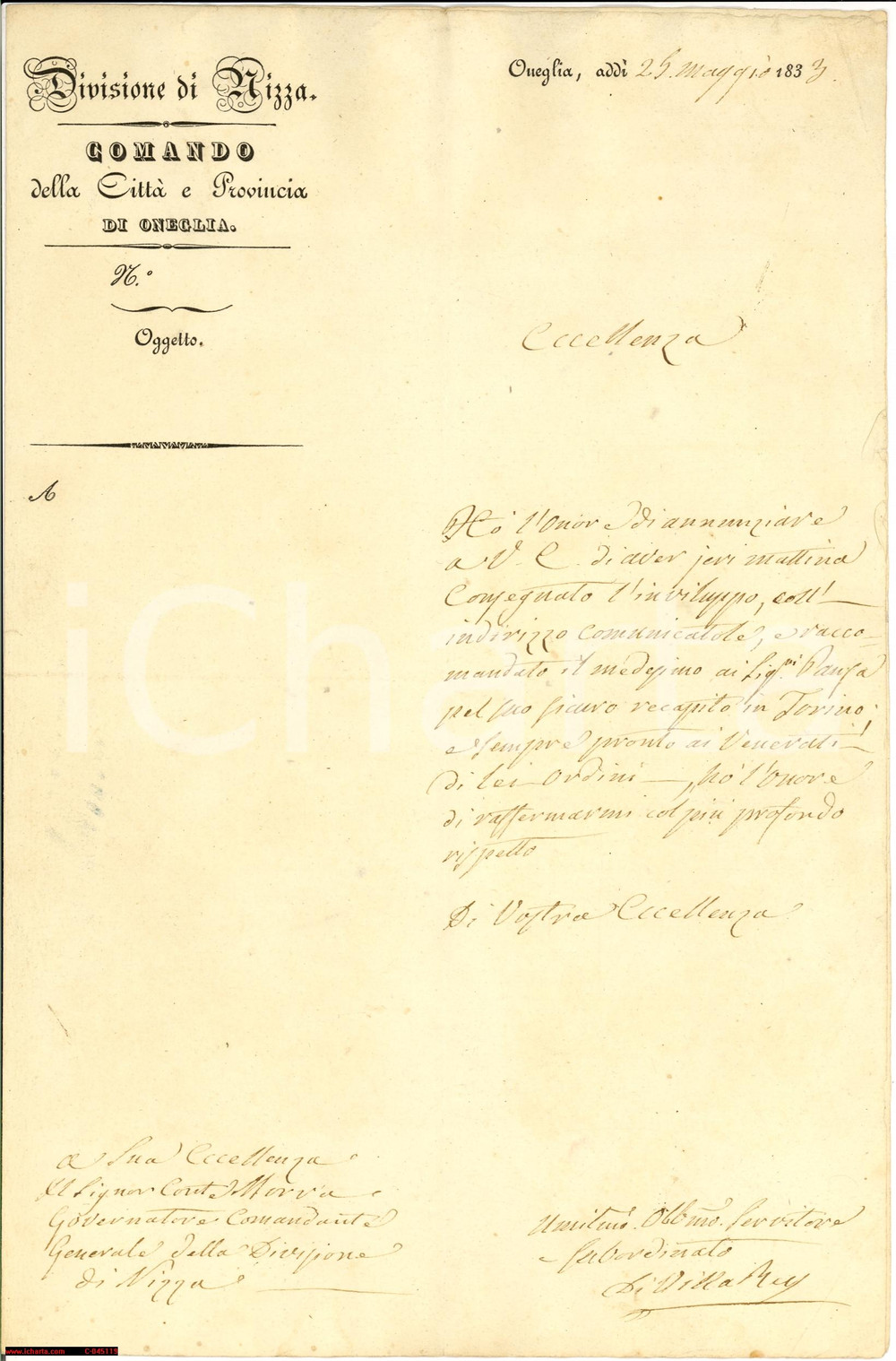 Documento originale, autentico 1833 ONEGLIA (IM) Comandante DI VILLAREY annuncia consegna alla famiglia PANSA 1