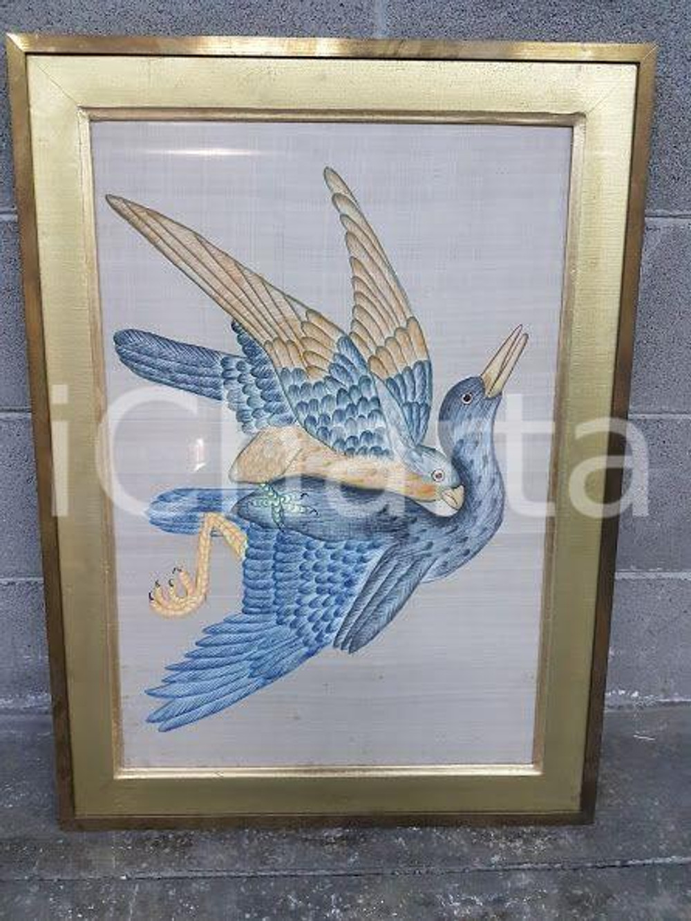 1975 CINA VINTAGE Coppia di uccelli in volo - quadro 56 X 76,2 cm