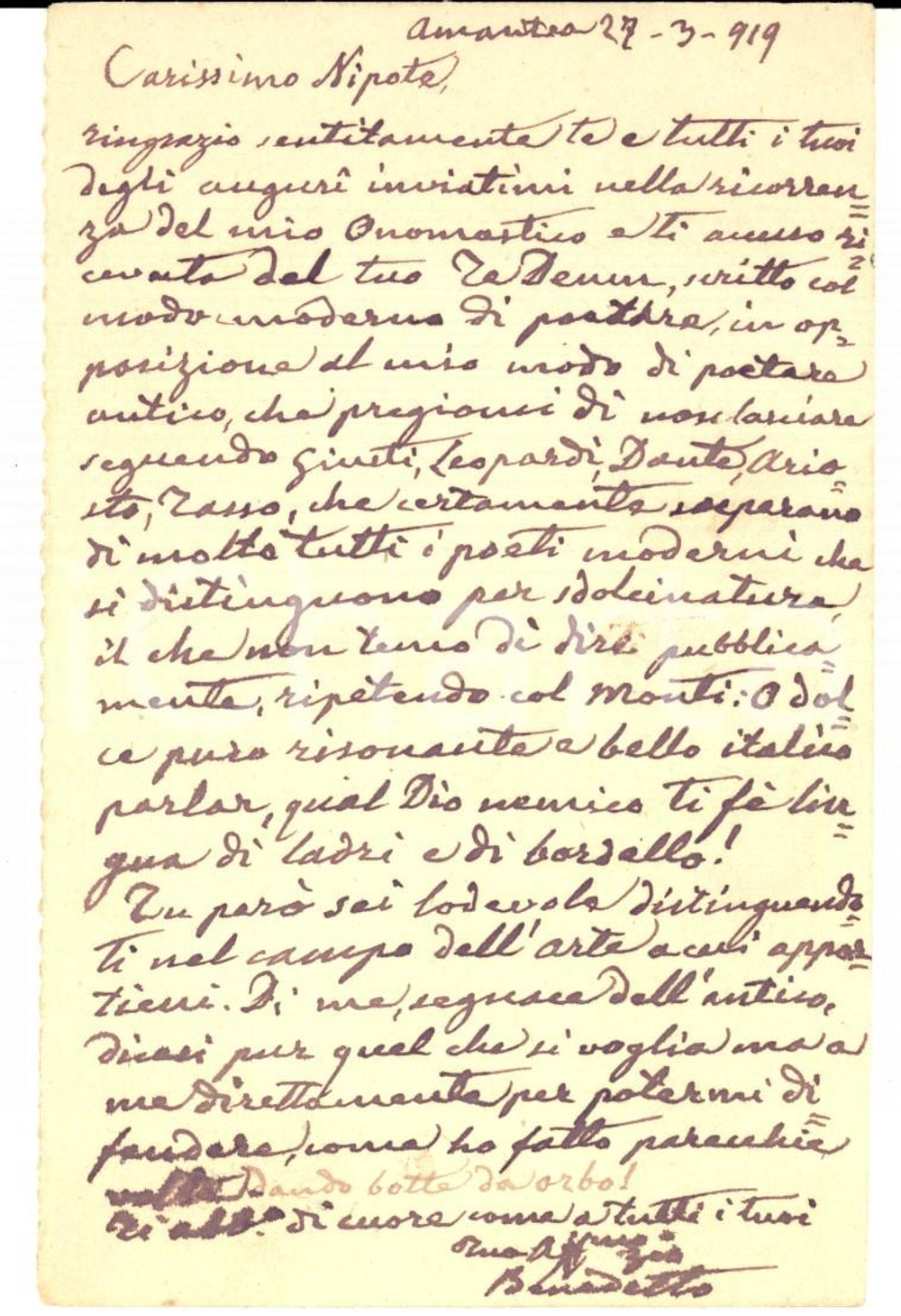Autografo originale 1919 AMANTEA Benedetto SAGGIO e il poetare antico Cartolina AUTOGRAFA a Carlo 1