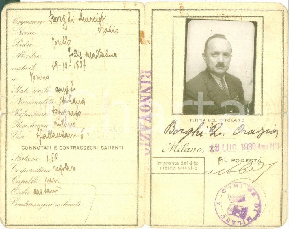 Documento originale, autentico 1930 MILANO Tipografo Orazio BORGHI QUERCIOLI Carta d identitÃ  con FOTOGRAFIA 1