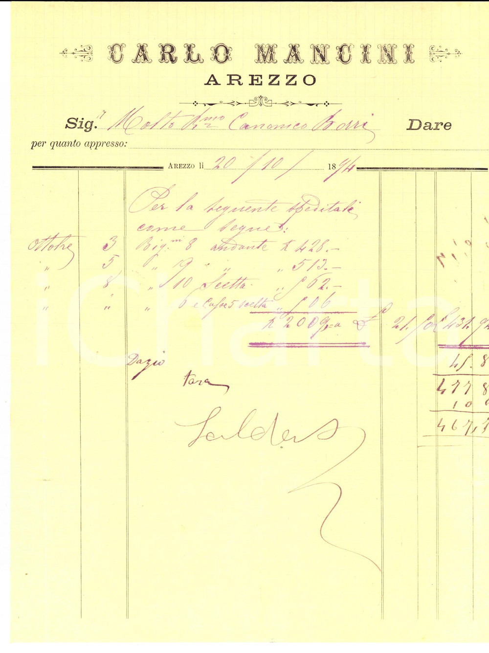 Documento originale, autentico 1894 AREZZO Conto Carlo MANCINI manoscritto Carta intestata 1
