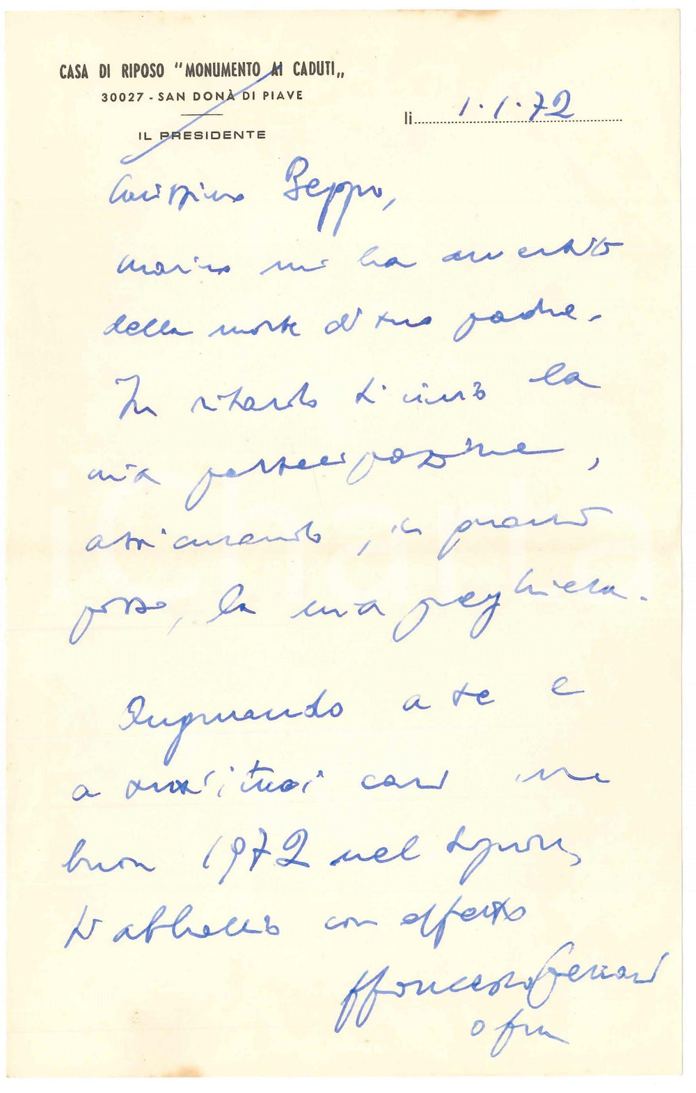 1972 SAN DONA' DI PIAVE Lettera padre Francesco FERRARI ofm - Autografo