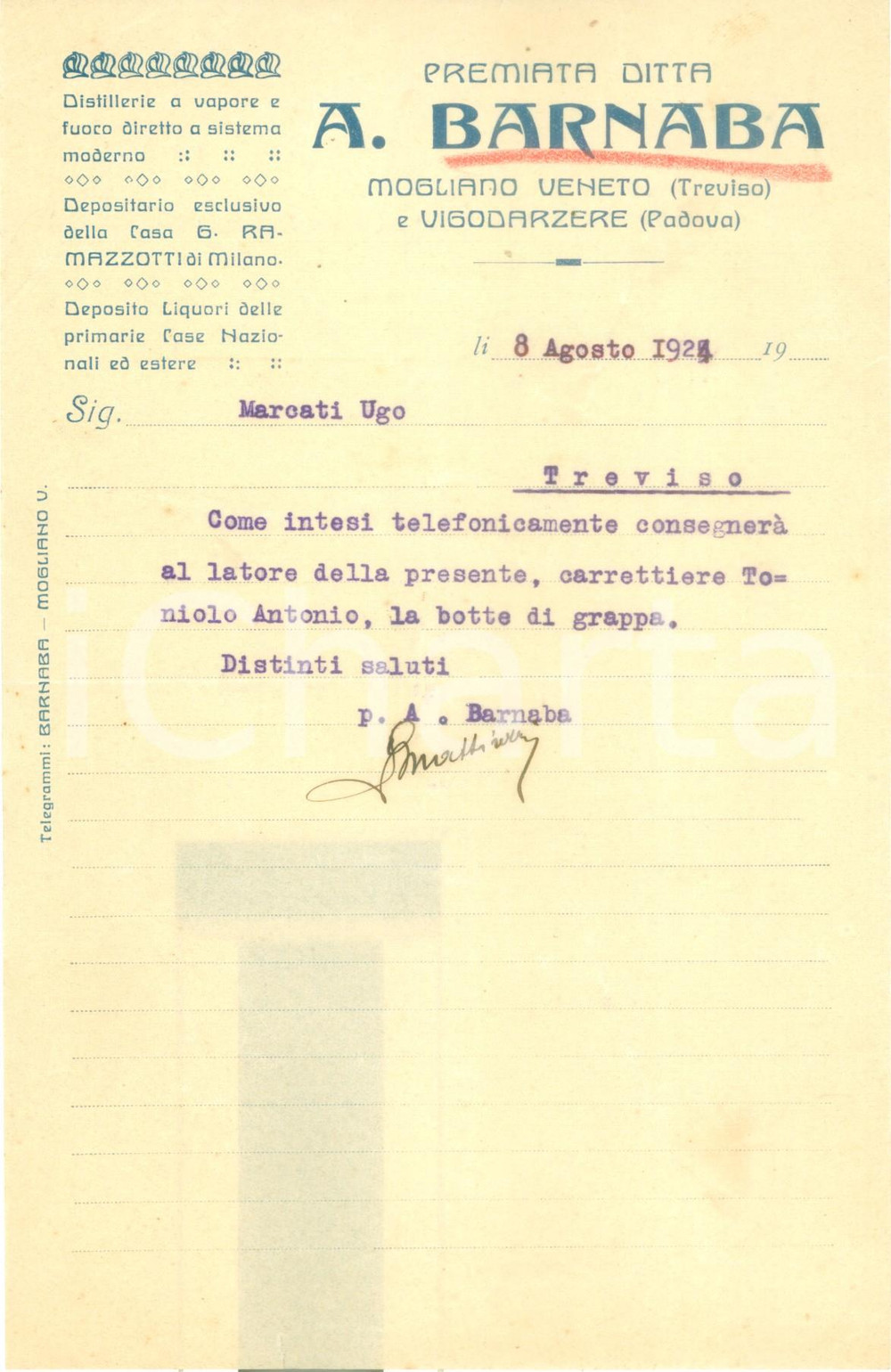 Documento originale, autentico 1925 MOGLIANO VENETO TV Distillerie BARNABA consegnano botte di grappa 1