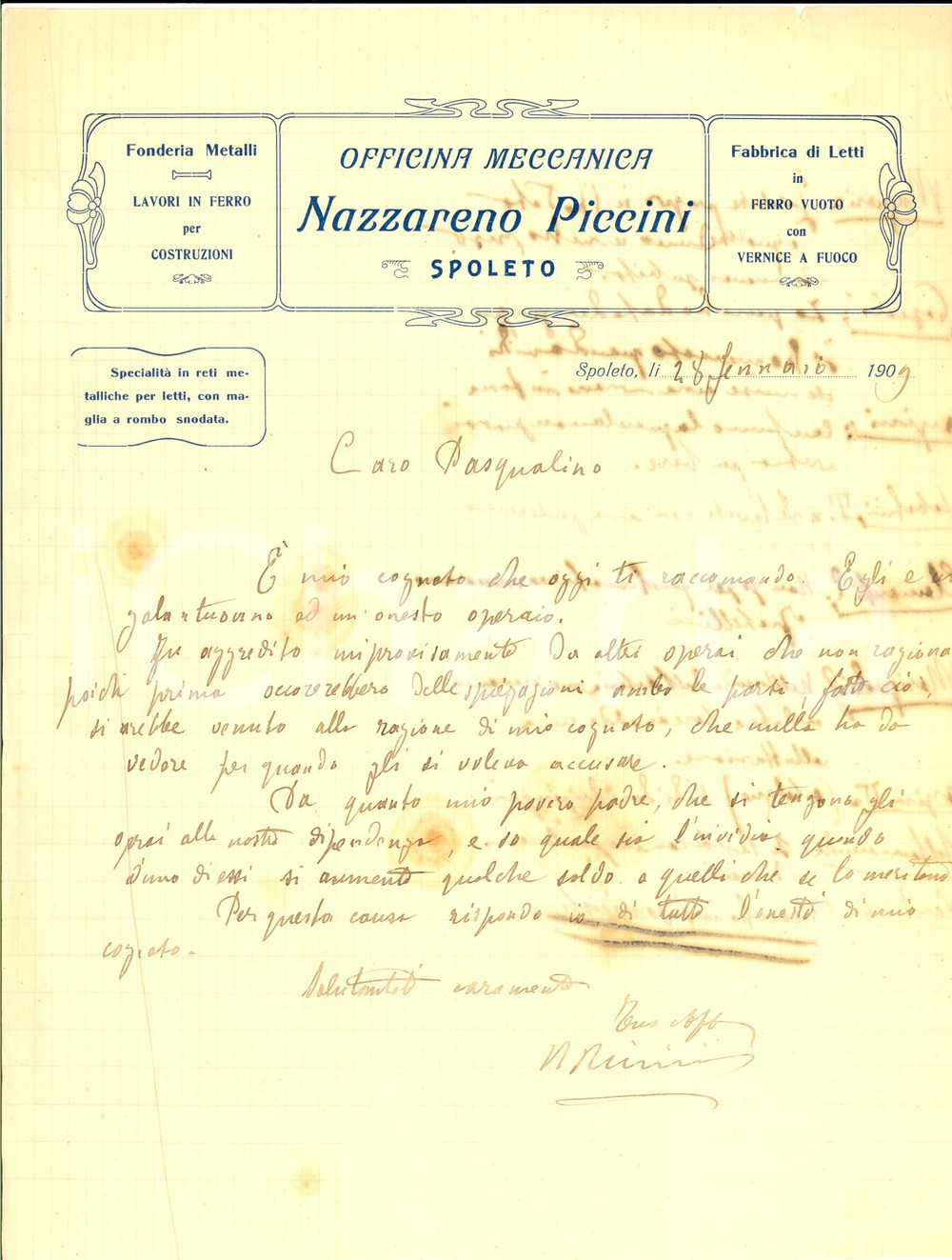 Documento originale, autentico 1909 SPOLETO Officina meccanica Nazzareno PICCINI Lettera su aggressione operai 1
