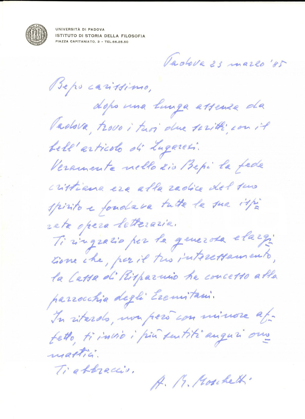Autografo originale 1985 PADOVA Andrea Mario MOSCHETTI ringrazia per Parrocchia degli Eremitani 1