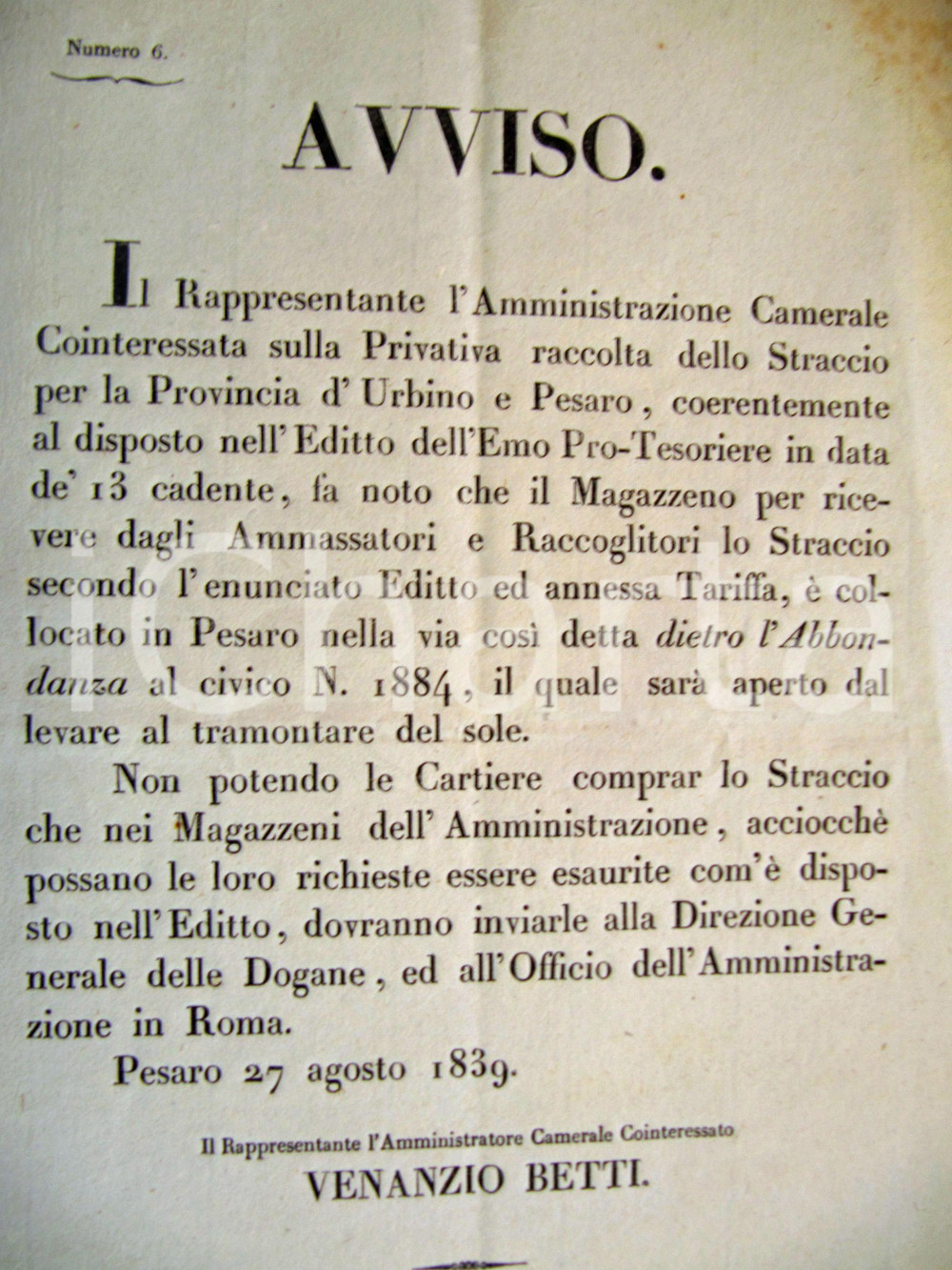 Documento originale, autentico 1839 PESARO Apertura del Magazzeno dello straccio Manifesto 1