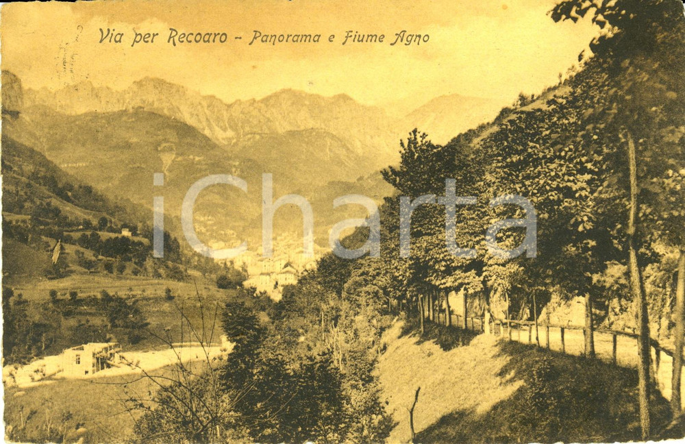 Cartolina originale da collezione 1907 RECOARO TERME (VI) Panorama con paese e fiume AGNO *Cartolina postale FP VG 1