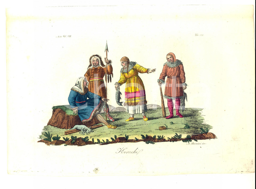 Stampa, bozzetto originale 1825 FERRARIO COSTUME ASIA Korechi Inc. Andrea BERNIERI colorata a mano 1