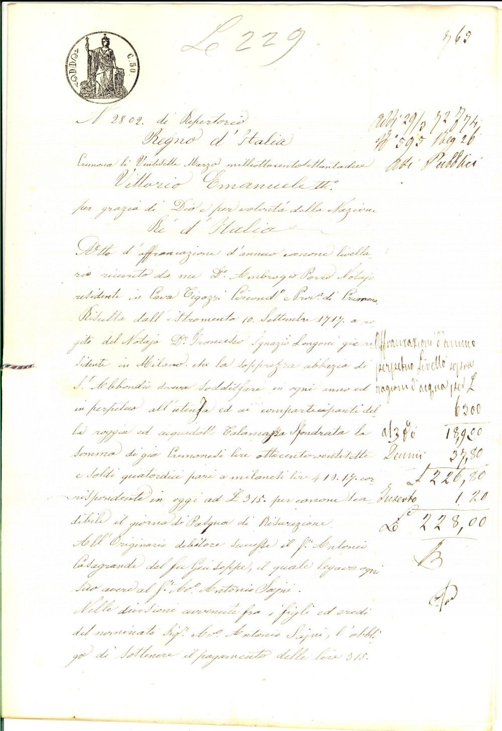 Documento originale, autentico 1872 CREMONA Affrancazione canone livellario Paolo SAJNI su roggia TALAMAZZA 1